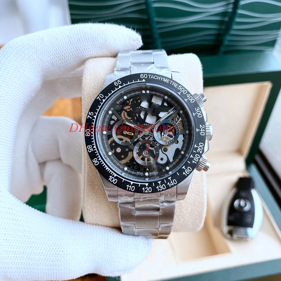 أحدث أزياء أزياء رجالي هيكل عظمي الساعة 116500 116520 Openworked Dial حركة أوتوماتيكية لا يوجد Chronograph Men Rose Gold Gold Sportwatches