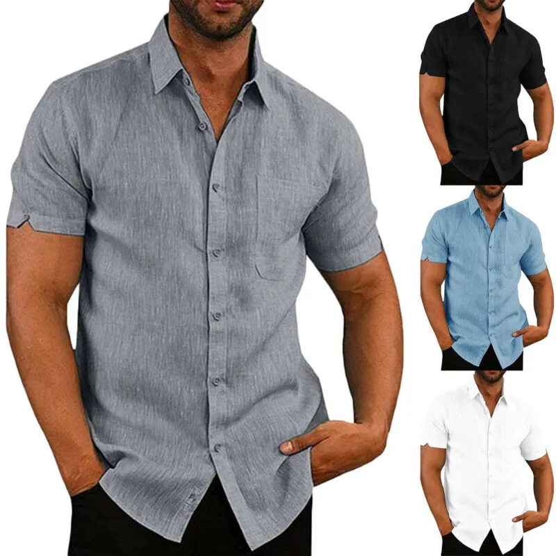 Hirigin, blusa de lino para hombre, manga corta, botones holgados, verano, sólido, cómodo, puro algodón y lino, camisas casuales inteligentes para hombre 2557