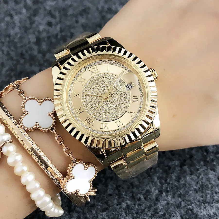 Mode-Marken-Uhren Frauen-Mädchen-Kristall Artmetall Stahlband-Quarz-Kalender-Armbanduhr X48