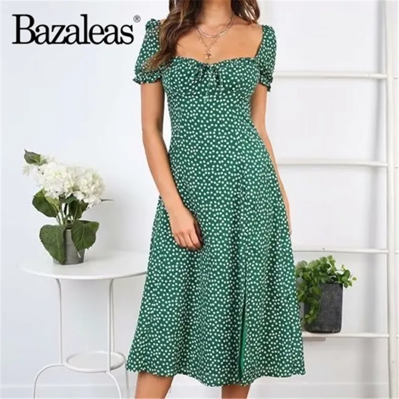 Bazaleas الأخضر الأزهار طباعة ميدي اللباس التمثال القوس التعادل الصيف اللباس vestidos خمر فانوس كم المرأة فساتين انخفاض الشحن