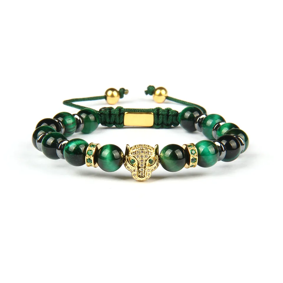 Geflochtenes Armband mit grünem Cz-Auge-Leoparden-Panther und 8 mm natürlichen grünen Tigerauge-Steinperlen. Armbänder, Geschenk für Männer