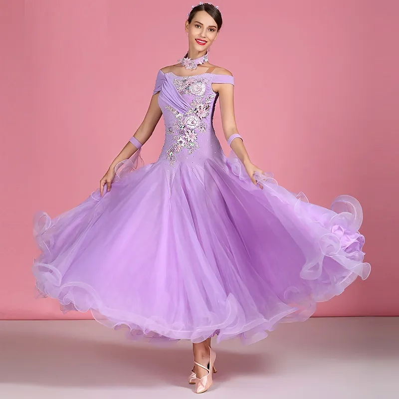 Purple Ballroom Dance Dresses Women Waltz Dance Costumes Stage Clothes for Dancing Dance Wear Kort ärmar Lång klänning Fringe Danc2804