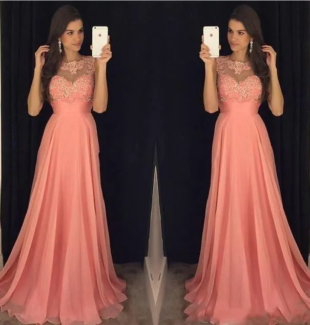 Abiti da ballo economici sexy nuovi rosa corallo gioiello collo illusione senza maniche applicazioni di pizzo abito da sera in chiffon con perline spettacolo di feste Fo264f