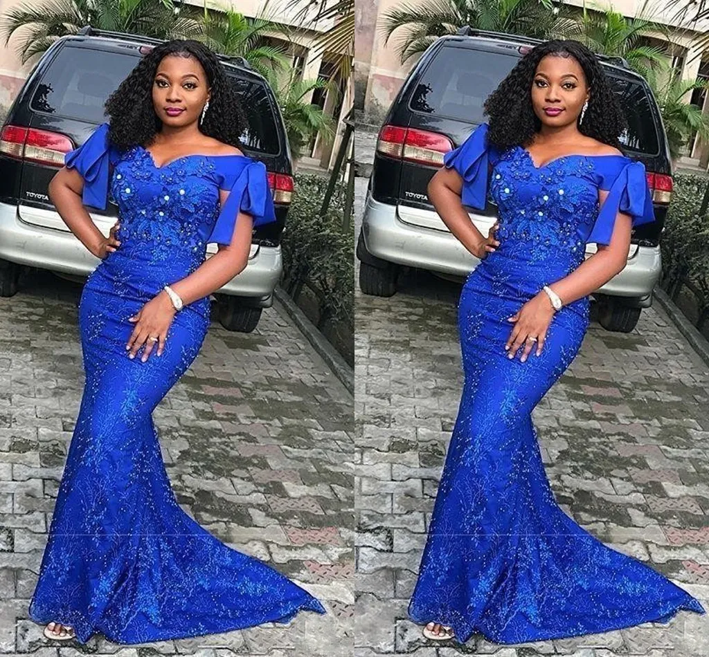 2020 New South African Mermaid Evening Dresses Royal Blue Off Shoulder Lace Appliques Crystal Beaded Sweep Train Plus Size Formella Prom Crows