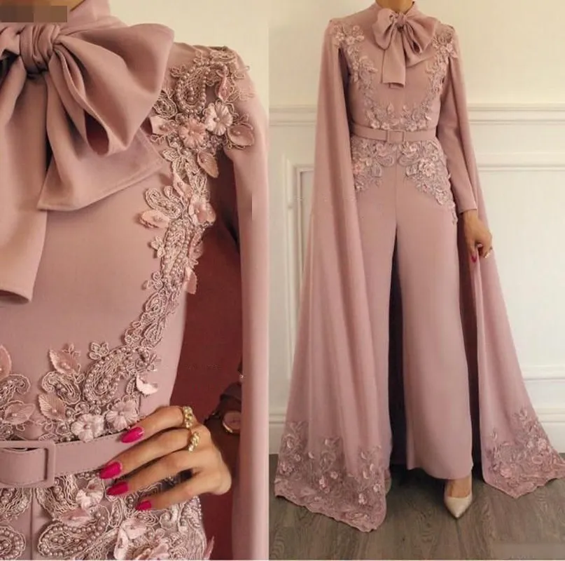 Elegante alta pescoço muçulmana Vestidos 2019 Blush Rosa Lace Appliques frisada Evening Calças Dubai Árabe mangas compridas Vestidos Formais