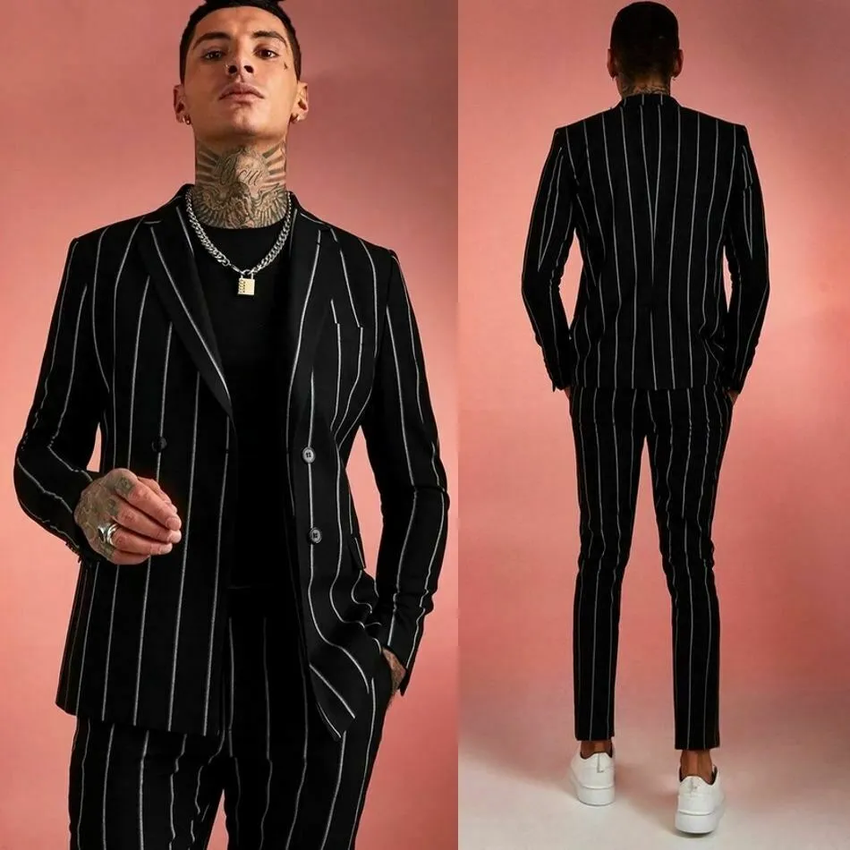Black Striped Mens Garnitury Przystojny Slim Fit Dwa Przycisk Ślubne Tuxedos Business Prom Party Blazer Jacket (kurtka + spodnie)