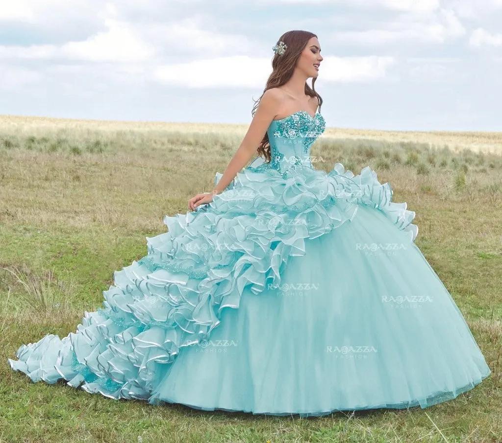 Light Sky Blue Sweet 16 Quinceanera Dress with Detachable Train Lace Applique Beaded High Low Prom Dress Crystal Evening Dress Ruffles Train Organza