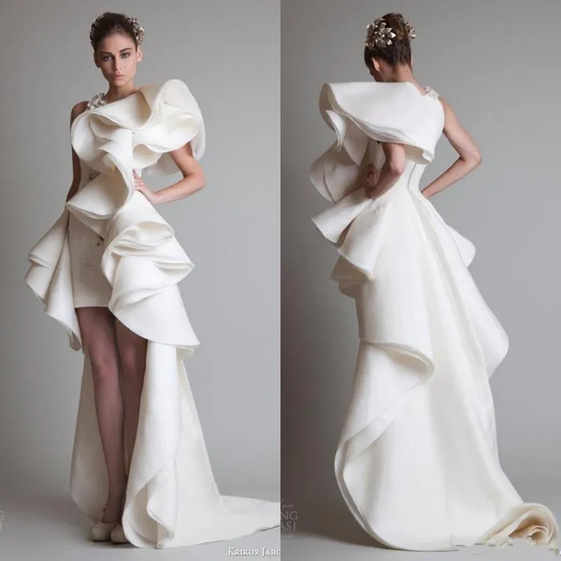 Super Fabulous Krikor Jabotian Luxury Ruffles High Low Silk Like Satin Evening Dresses Zipper Back Court Train Custom Made Women Gowns