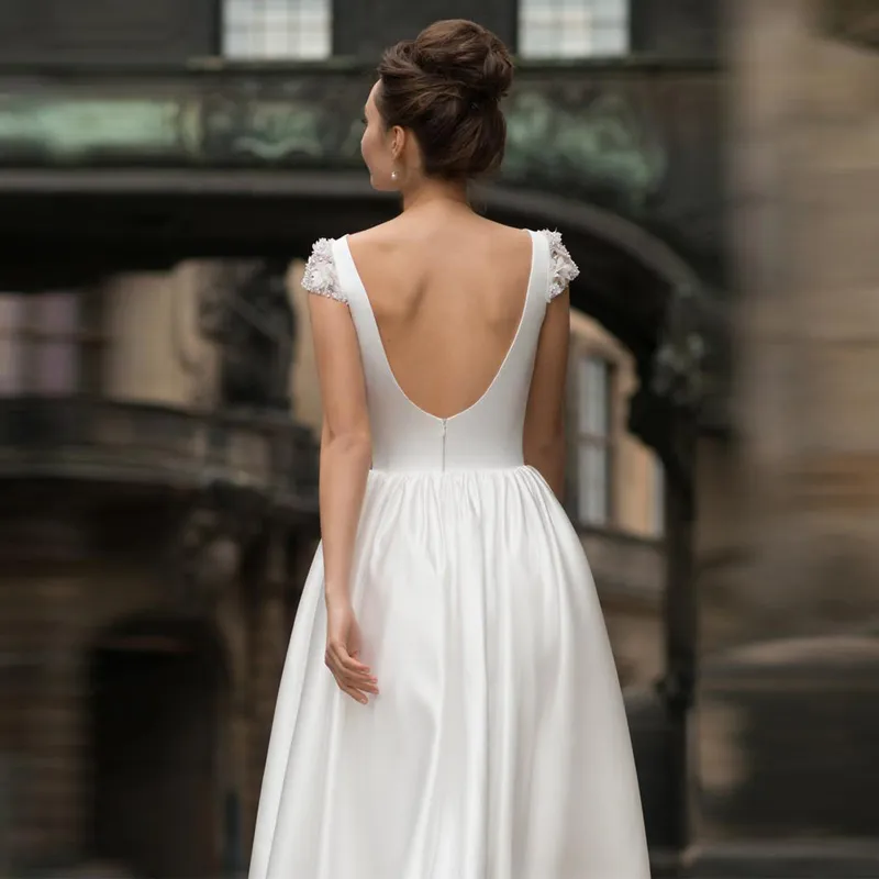 short sleeve backless wedding dress Bohemian Fitted Lace Beach Wedding Dresses Short Sleeve Bridal Gowns SWD0073 main image 1