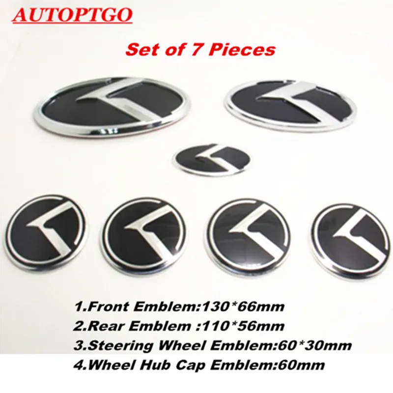 Black 7Psc Kia K Emblem Badge Logo Decal Sticker For Kia Sorento Optima K2-K5 Front Grille Rear Trunk Steering Wheel Hub Cap Cover