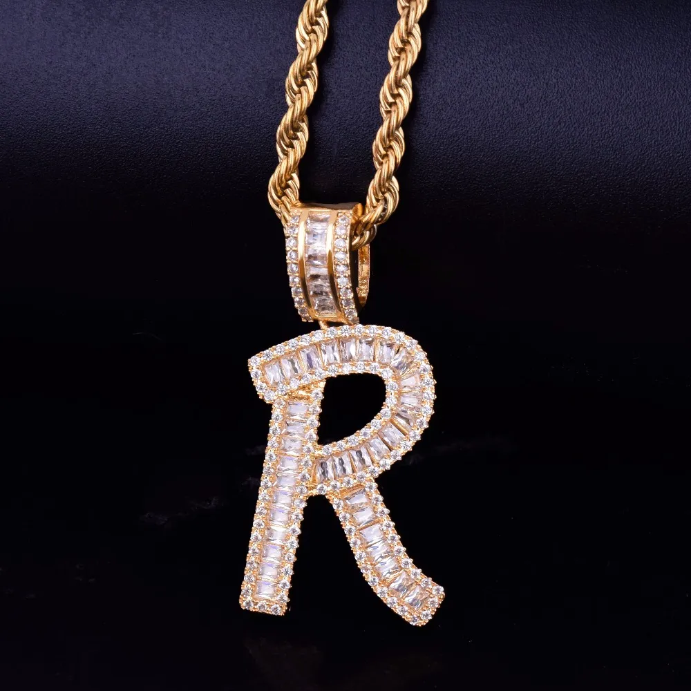 New Men's Baguette Letters Pendant Necklace Gold Iced Out CZ Stone Rock Street Hip Hop Jewelry With free chain