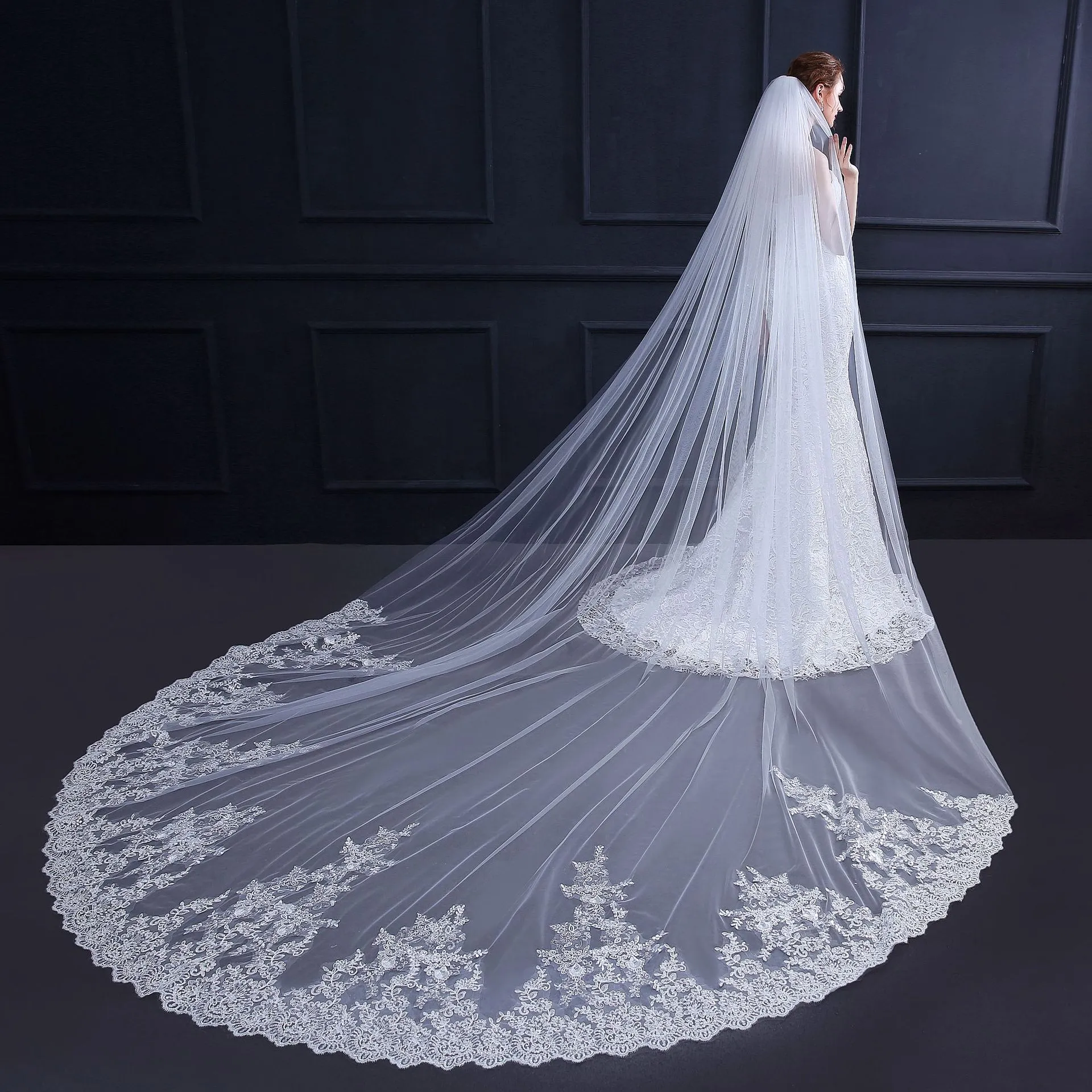 2019 한 레이어 아이보리 3.5m 결혼식 Brial Veils 레이스 Applique Cathedral 긴 신부 베일 공 가운 웨딩 드레스