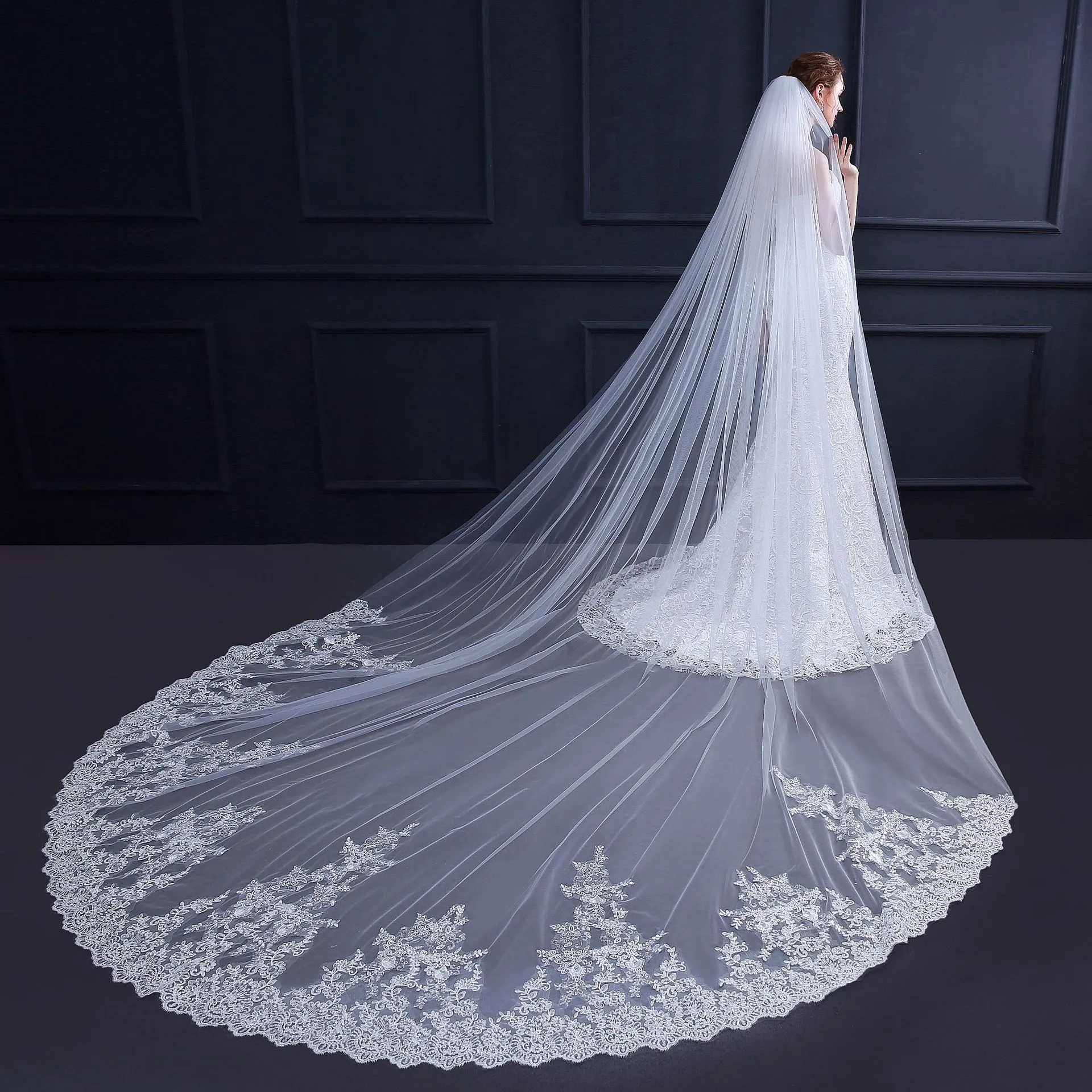 2019 une couche ivoire 3.5m voiles de mariée en dentelle Applique cathédrale longue voile de mariée pour robe de bal robes de mariée