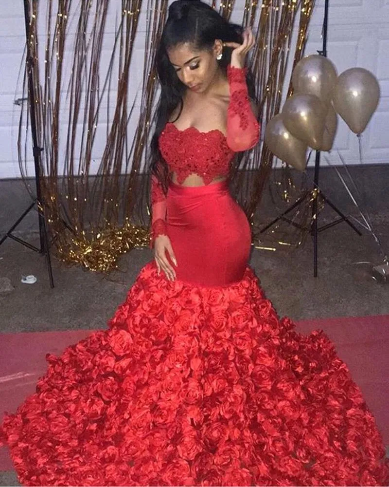 Red Sheer Long Sleeves Lace Mermaid Prom Dresses Tulle Applique 3D Floral Sweep Train Formal Party Evening Gowns BC1669