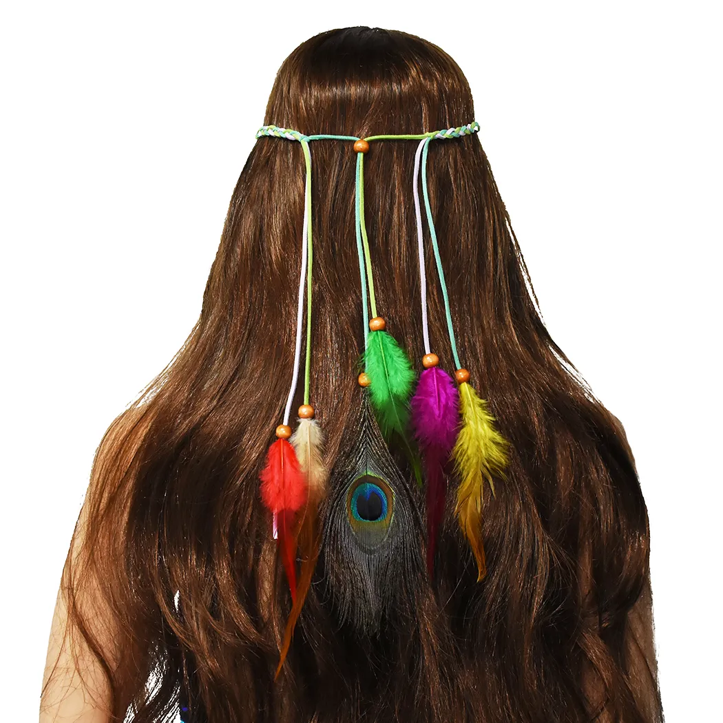 Diademas de plumas de cuero coloridas hechas a mano Estilo bohemio con franela y cuentas accesorios para el cabello para mujeres regalos de vacaciones