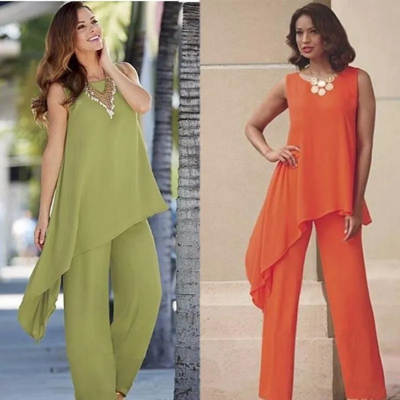 Fall 2019 New Mother of The Bride Pant Suits Long Tail Top and Column Pants Olive Orange Chiffon Women Formal Long Party Dresses