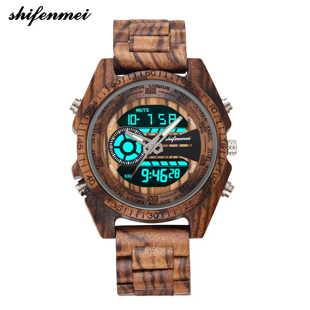 Shifenmei 2139 Montres en bois de zèbre et d'ébène pour hommes antiques avec montre d'affaires à double affichage en montre à quartz numérique en bois Y19051503