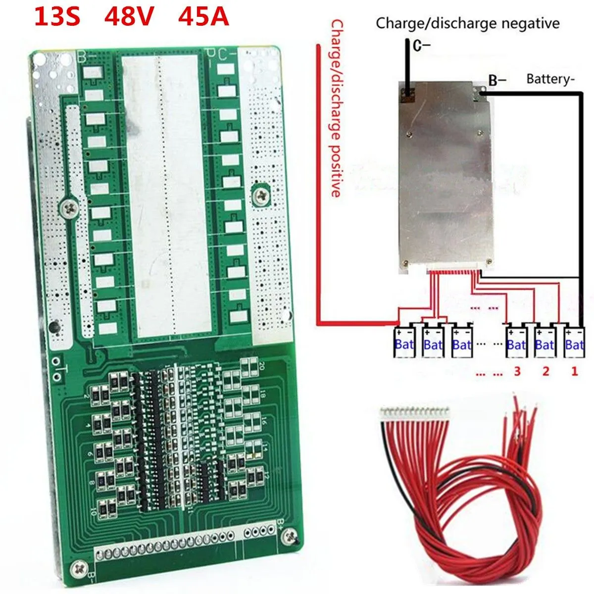 Livraison gratuite 48V 13S 45A Li-ion Lipolymère Batterie Protection Board Module BMS PCB Avec Balance