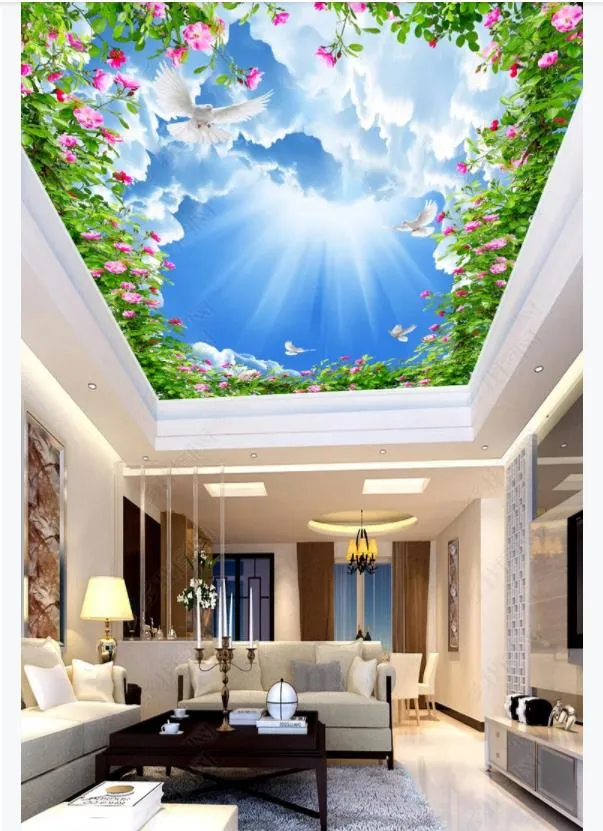 Personalizado 3D foto teto interior zenith decorativo mural perfumado céu azul e nuvens brancas sala de estar do hotel grande topo zenith teto mural