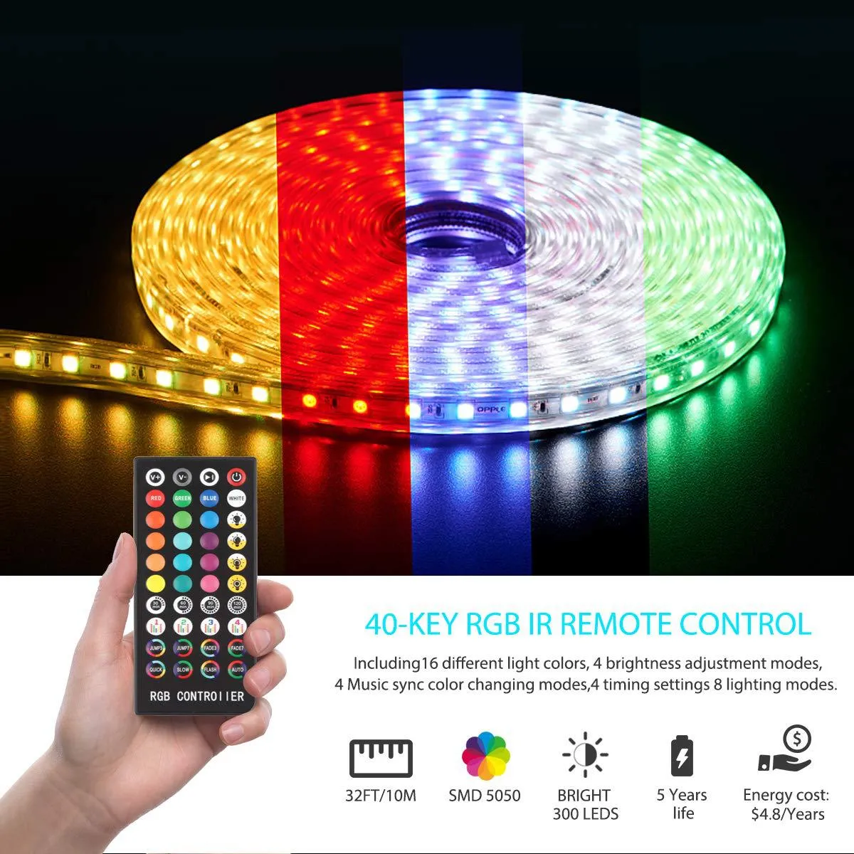 32ft/10m LED Strip Lights Remote Control Bedroom Waterproof for