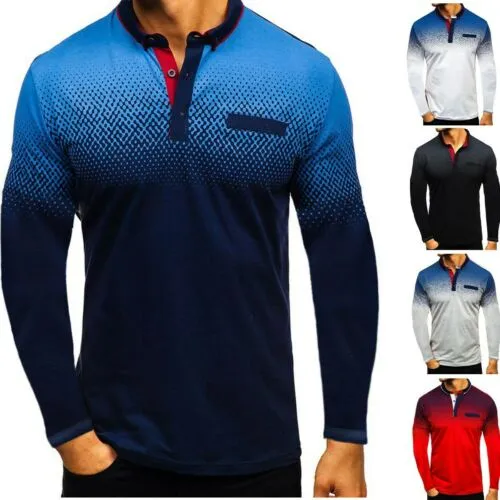 Männer Langarm Polos Farbverlauf Casual Golf Klassische Slim Fit Bluse Shirts Tops Männlich Herbst Mode Kleidung