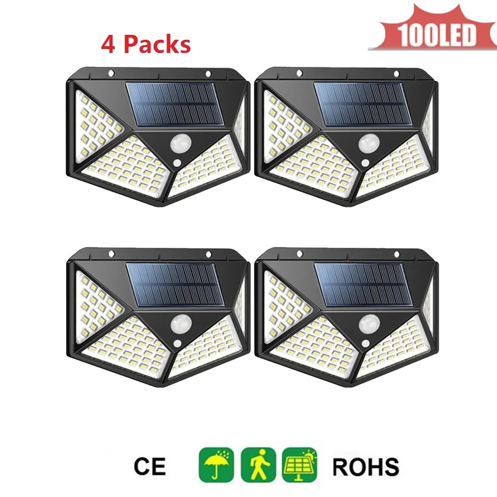 100 LED luce solare sensore di movimento PIR impermeabile all'aperto giardino energia solare luce illuminazione da parete lampada 4 lati 270 illuminazione