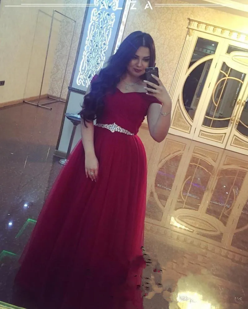 Saudi Arabia Dark Red Prom Dresses With Crystal Beaded belt Elegant A Line Off Shoulder Tulle Long Plus Size 2020 Formal Evening Gowns
