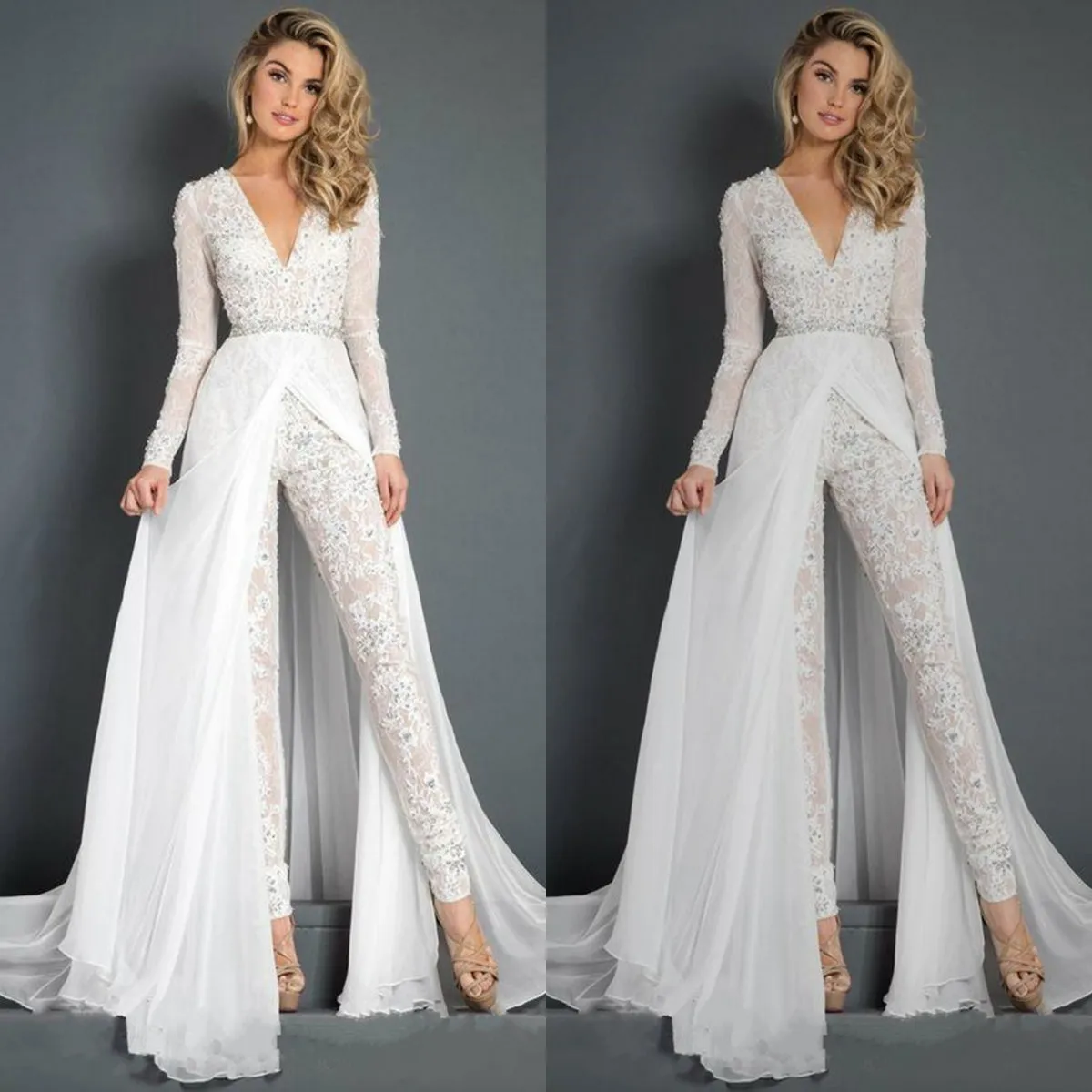 White Jumpsuits Prom Dresses Beaded Lace Deep V Neck Formal Evening Gowns Long Sleeve Sweep Train Special Occasion Pants Dress