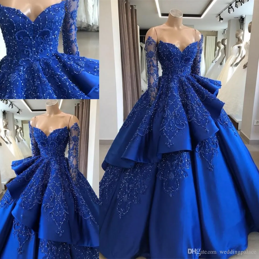 Neueste elegante königsblaue Spitze Rüschen Ballkleid Abendkleider Perlen Ballkleid Kleider für besondere Anlässe Abgestufte Röcke Langarmkleider