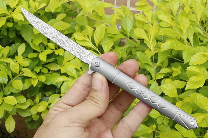 Лучшие качества Flipper Складной нож VG10 Дамаск стали Tanto / Drop Точка лезвия TC4 титанового сплава ручки шарика подшипника Ножи