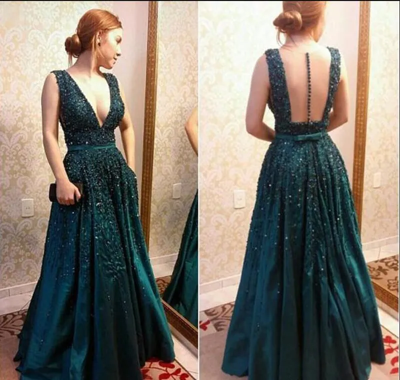 V-neck elegant dresses emerald green Celebrity country dress Floor Length Runway 2019 pregnant modest dress beadings bows evening gowns