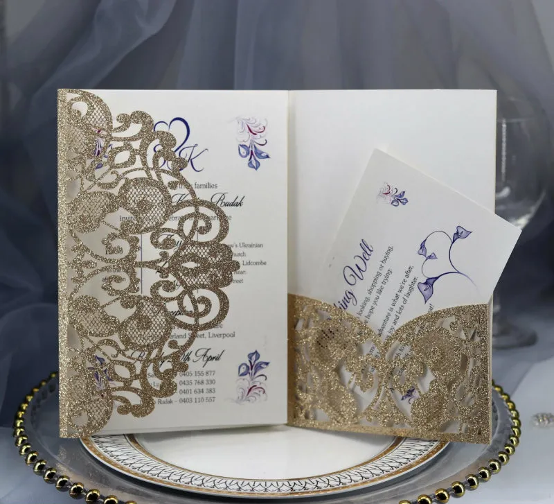 Gold Silver Glitter Laser Cut Pocket Invitation For Wedding Bridal Shower Engagement Wedding Accessory Blank Inner Customized Birthday Cards