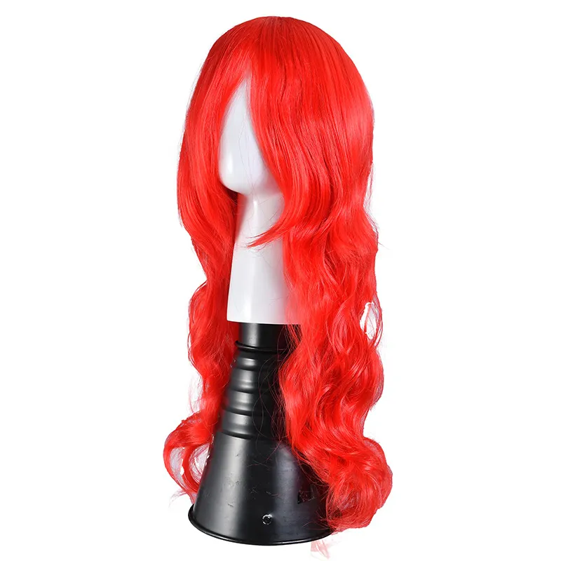Sentetik peruklar uzun kırmızı dalgalı kıvırcık peruk cosplay parti saçları, patlamalarla renklendirilmiş kadınlar için