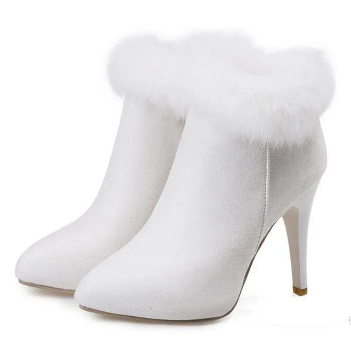 Mały duży rozmiar 33 do 42 43 białe futro buty ślubne ślubne wysokie buty obcasowe trzymaj ciepłą zimową kostkę bootie