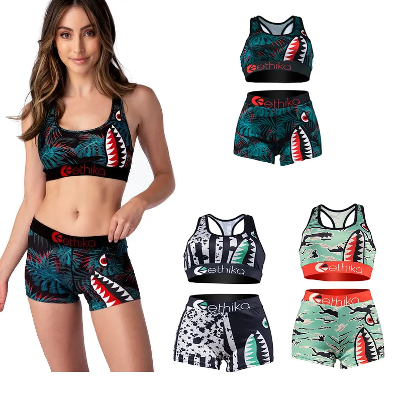 Free shipping size S-2XL Women Ethika underwear Swimwear Bra +Shorts 2  Piece Tracksuit Shark Camo flower Swimsuit Bikini set