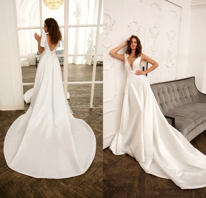 Hot Satin A Ling Wedding Dresses Spaghetti Deep V Neck Bridal Gowns With Bow Court Train Open Back Formal Dress