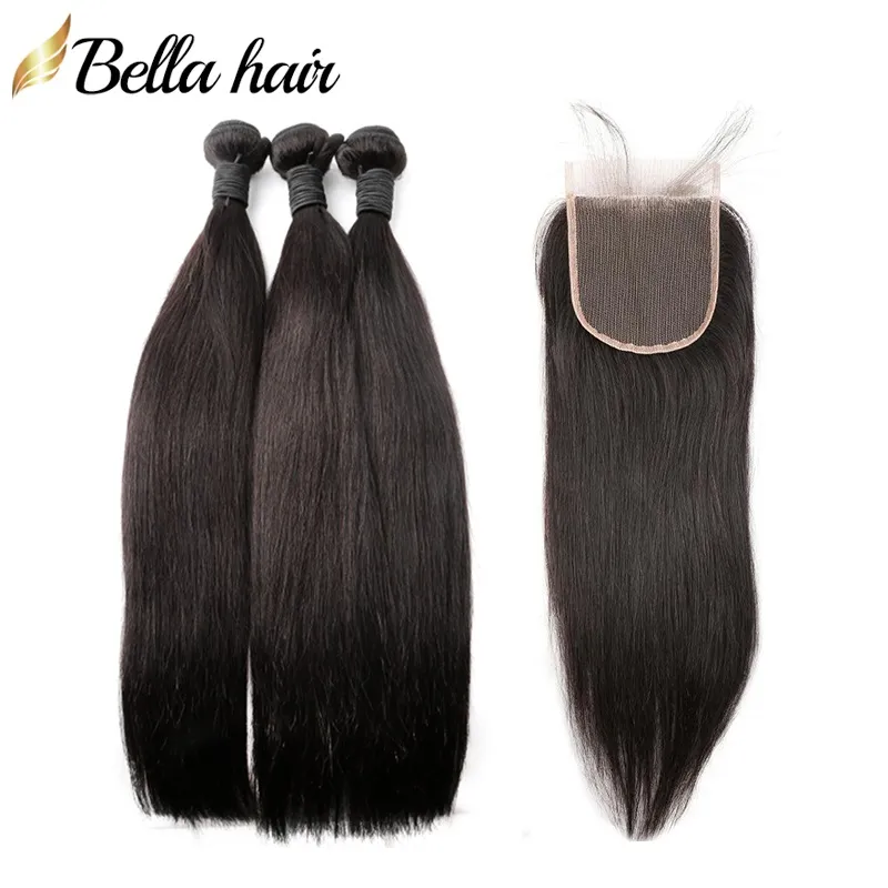 Bellahair Peruvian Hish Hair Sefts مع إغلاقات حريرية مستقيمة على الرأس الكامل تمديدات الشعر 4 حزم تضيف 1pcs إغلاق الدانتيل الطبيعي 8-30 بوصة
