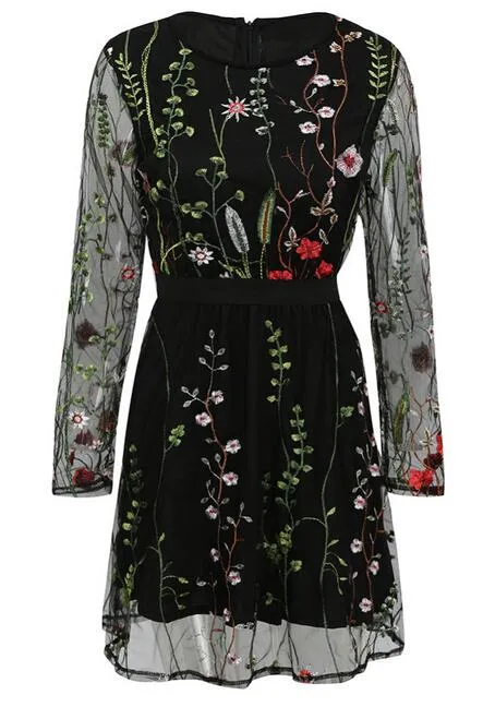 loose fitting dresses for women Black Floral Embroidered Mesh Lace Sleeveless Mini Dress main image 0