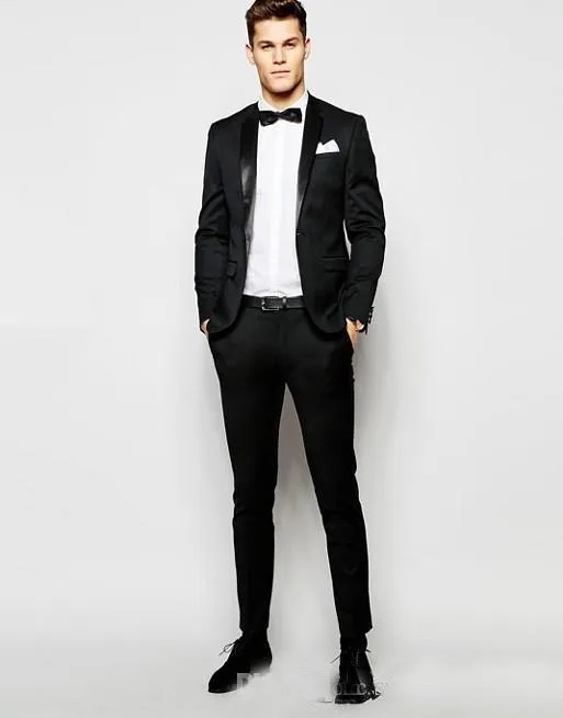 Black One Button Mens Suits Slim Fit Groomsmen Wedding Tuxedos For Men Designer Blazers Notched Lapel Formal Dress Suit (Jacket+Pants)