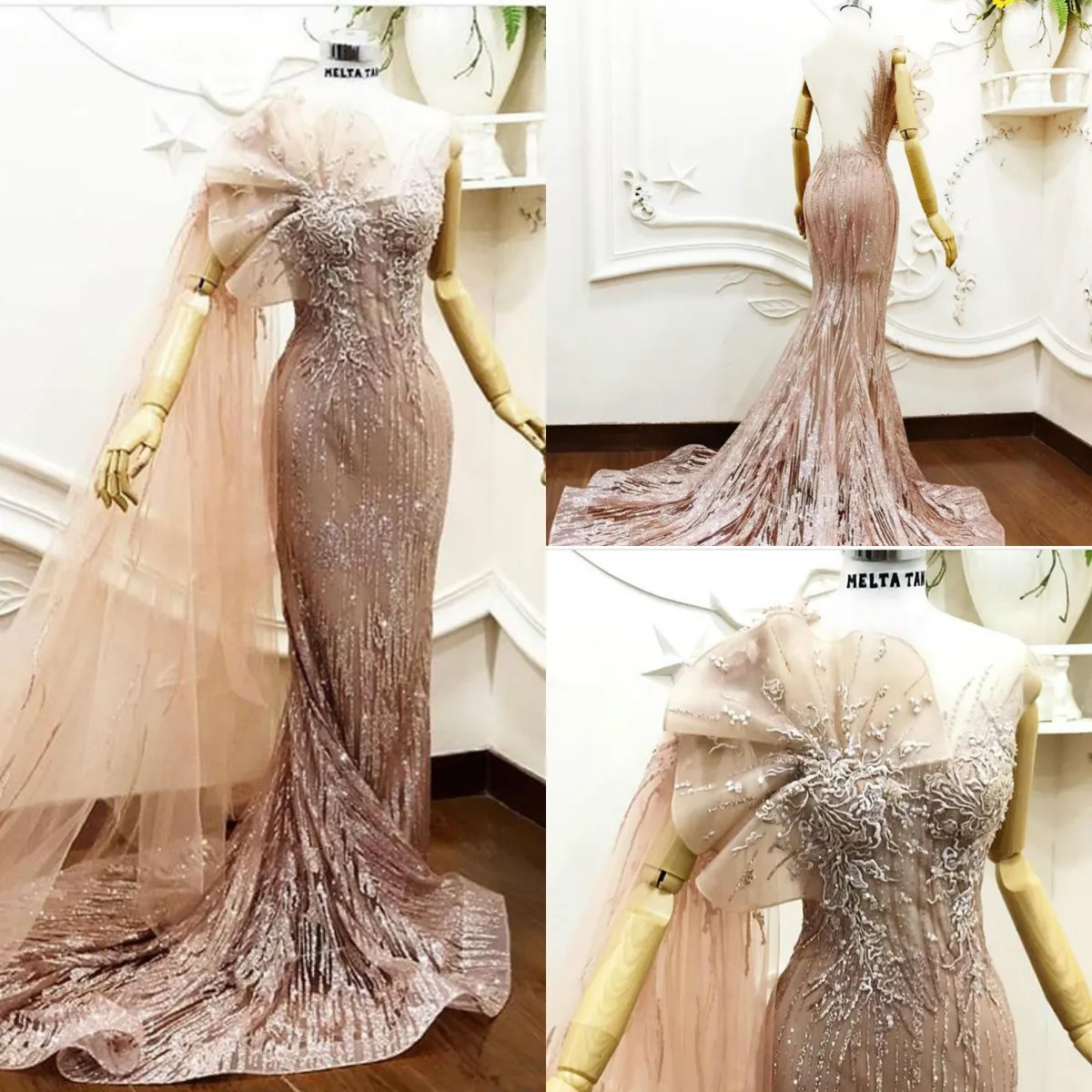 Aso EBI Arabski 2020 Sparky Syrenki Suknie Wieczorowe Koronki Zroszony Sheer Neck Prom Dresses Vintage Formalne Party Sexy Backless Pagewant Suknie