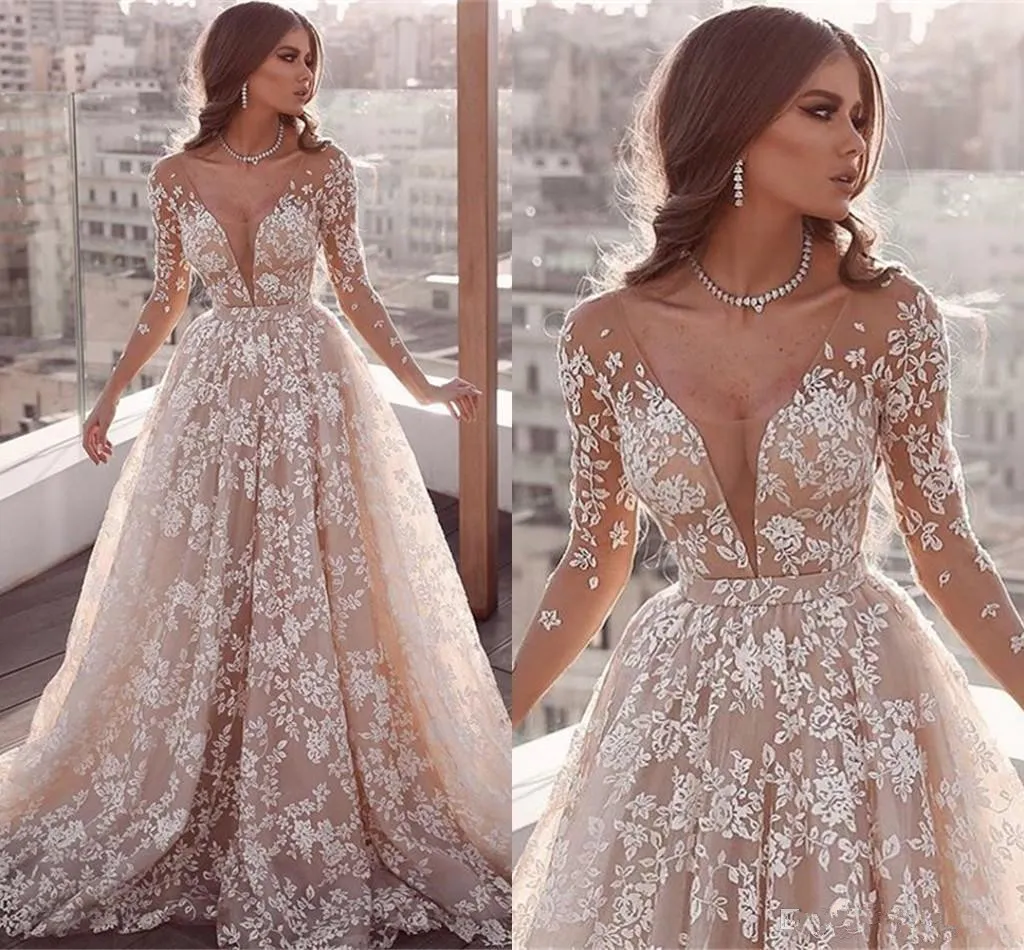 2020 Fairy Prom Klänningar Deep V Neck Full Lace Appliques Illusion A Line Evening Dress Party Wear Custom Gjorda Långärmad Röd Matta Klänningar