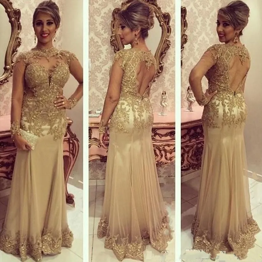 2024 Cheap Arabic Sexy Gold Evening Dresses Jewel Neck Illusion Lace Beaded Mermaid Long Sleeves Open Back Party Prom Gowns 403