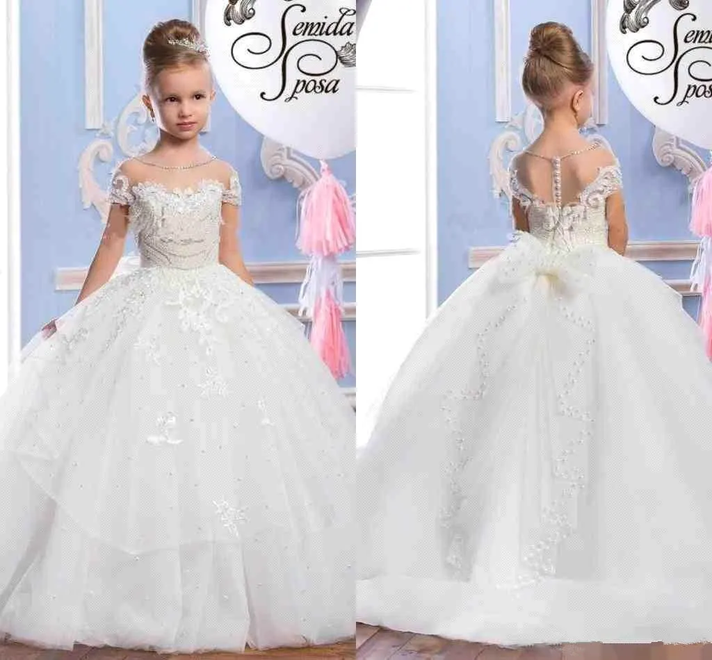 Abiti da bambina a fiore in pizzo a maniche corte trasparenti con scollo a barchetta Tulle Applique con perline increspate Abiti da festa da spettacolo per ragazze di compleanno principessa BA5120