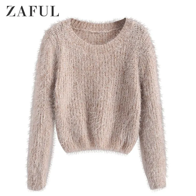 ZAFUL Pullover Fuzzy Heathered Sweater Fluffy Faux Fur Short Round Neck Elastic Daily Women Sweater Autumn Winter Pullovers Tops