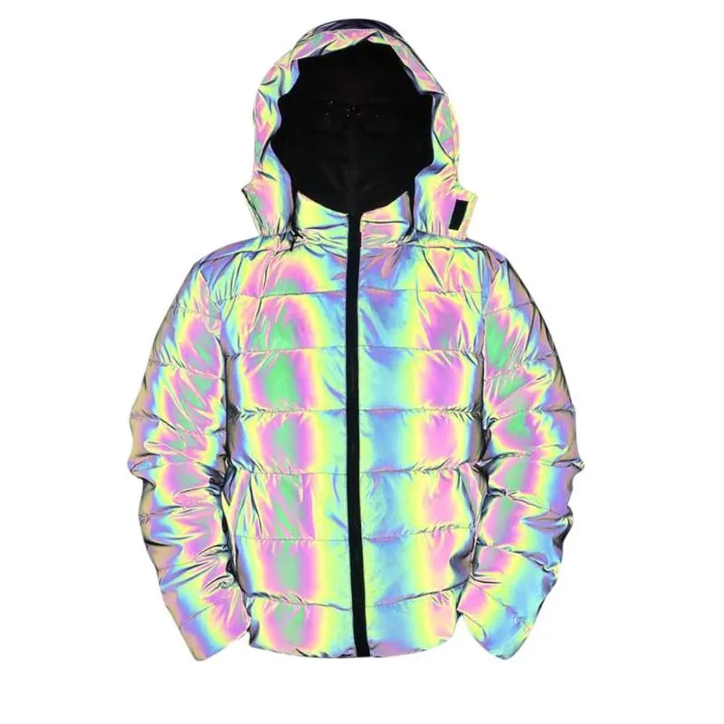 Masculino Parka Refletivo Inverno Grosso Casaco de Algodão Masculino Refletivo Colorido Leve Impermeável à Prova de Vento Engrossar Manter Quente Sobretudo Jaqueta com Capuz