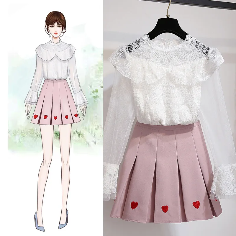 Mujeres 2019 Traje De Moda Coreana Bordado Falda Plisada Blusa De