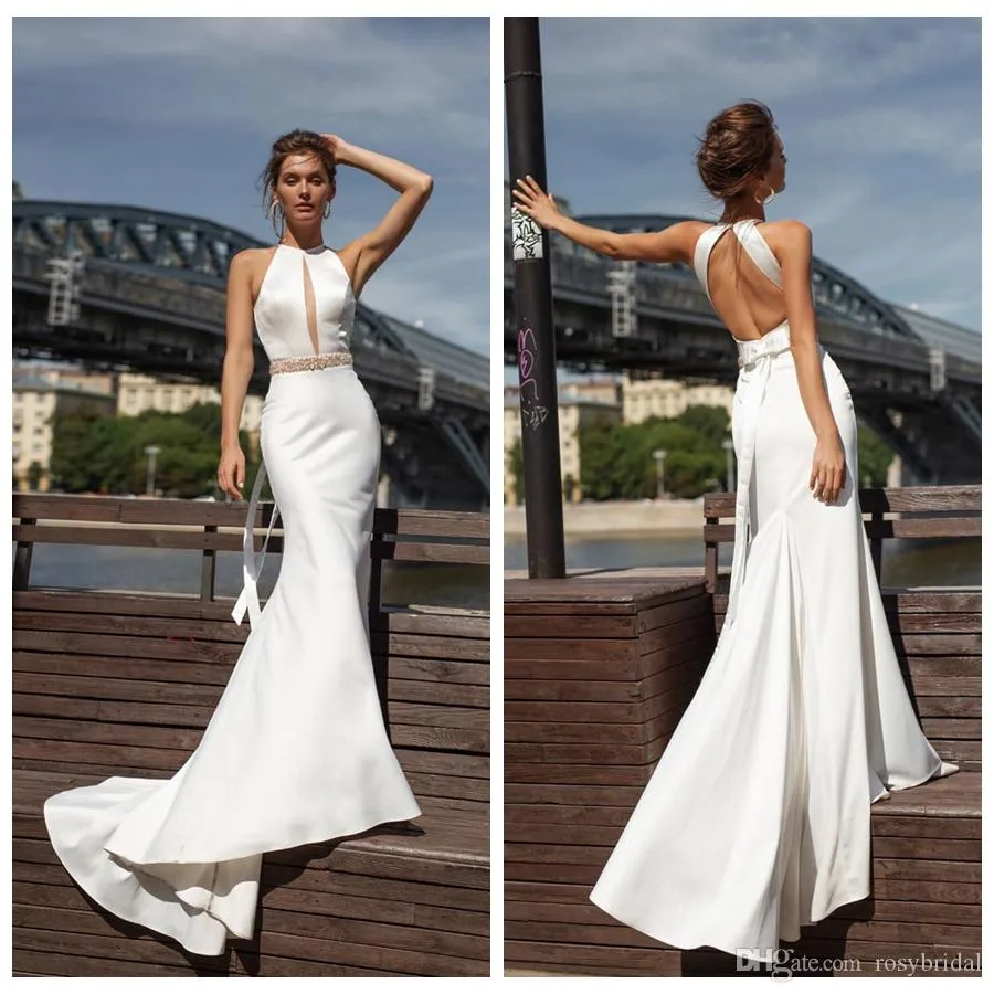 Boho Beach Bridal Gown Backless Satin Halter Wedding Dress With