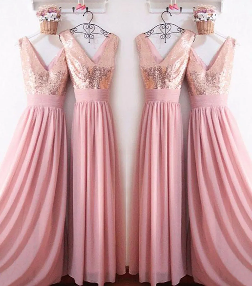Gold Sequin V-Neck Sequin bridesmaid dresses - Sparkly Floor Length Maid of Honor Gown at Affordable Price