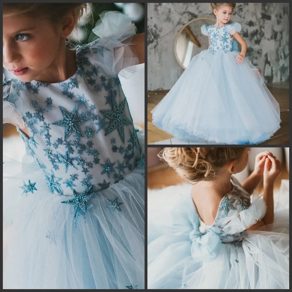 Dzieci Niebo Niebieska Tulle Balowa Suknia Mała Dziewczynka Korowód Suknie Pierwszy Urodziny Pierwsza Komunia Święta Sukienki Princess Camo Flower Girl Dresses