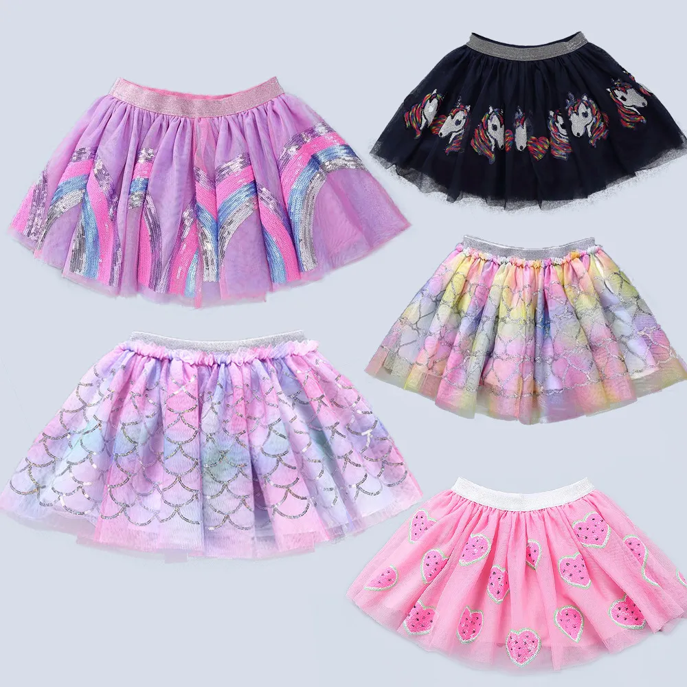 9styles Enfants Tutu Jupe Bébé Arc-En-Sirène Licorne Paillettes Broderie Maille Robe Filles Ballet Fantaisie Costume Coloré INS Jupes GGA2172